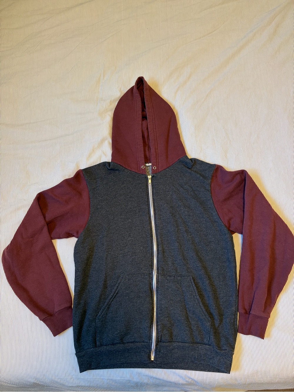 American Apparel Two-Tone Zip-Up Hoodie in Burgundy & Charcoal
